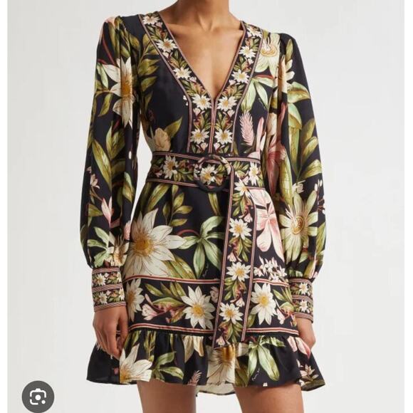 Farm Rio Surreal Flowers Belted Minidress Long Sleeve Puff Sleeve Boho M - Picture 1 of 12